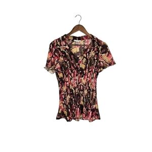 Alison Sheri Button Up Cinched Shear Top Patterned Art to Wear Sz L